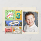 スーパーヒーロー誕生日の招待マンガヴィンテージボーイ 招待状 (正面/裏面)