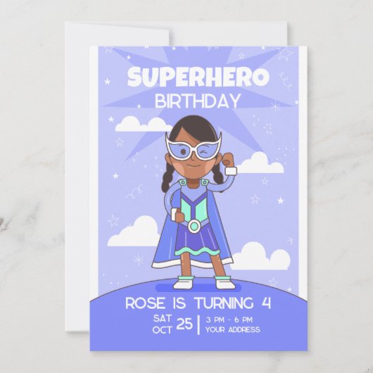 スーパーヒーロー誕生日の招待状、ガールズ誕生日 招待状 (正面)