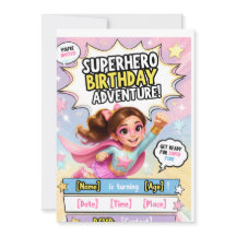 スーパーヒーロー誕生日アドベンチャー女の子招待状 | ピン
