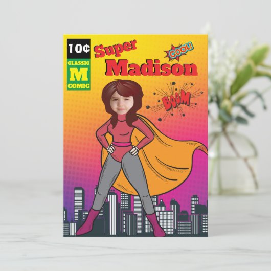 スーパーヒーロー誕生日ガール漫画⚡おもしろいファブUSA 招待状 (スタンド正面)