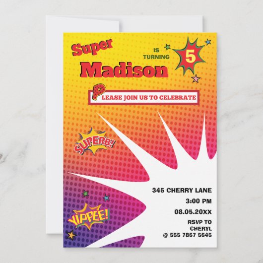 スーパーヒーロー誕生日ガール漫画⚡おもしろいファブUSA 招待状 (裏面)