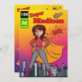 スーパーヒーロー誕生日ガール漫画⚡おもしろいファブUSA 招待状 (正面/裏面)