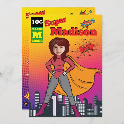 スーパーヒーロー誕生日ガール漫画⚡おもしろいファブUSA 招待状 (正面/裏面)