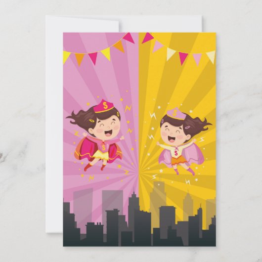 スーパーヒーロー誕生日シスターピンクイエロージョイントパーティー 招待状 (裏面)