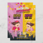 スーパーヒーロー誕生日シスターピンクイエロージョイントパーティー 招待状 (正面/裏面)