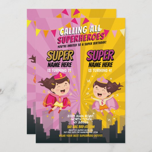 スーパーヒーロー誕生日シスターピンクイエロージョイントパーティー 招待状 (正面/裏面)