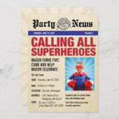 スーパーヒーロー誕生日パーティフォト招待状・ニュース 招待状 (正面/裏面)