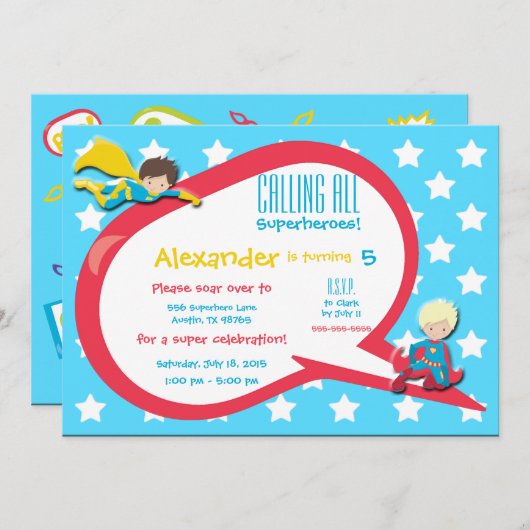 スーパーヒーロー誕生日パーティーの招待を呼ぶ 招待状 (正面/裏面)