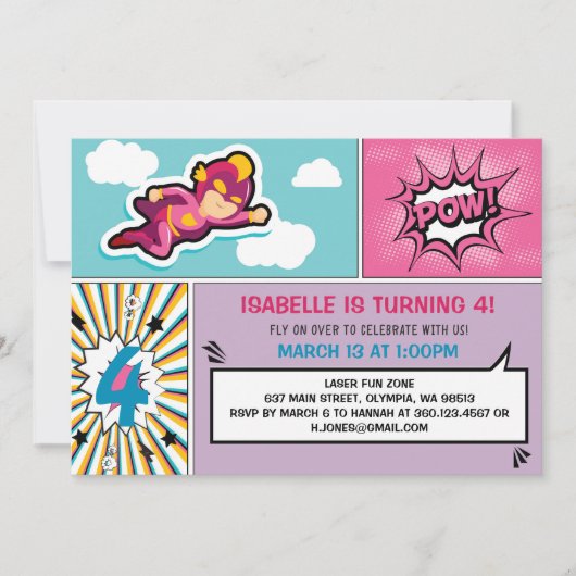 スーパーヒーロー誕生日パーティーの招待-ガールカラーズ 招待状 (正面)