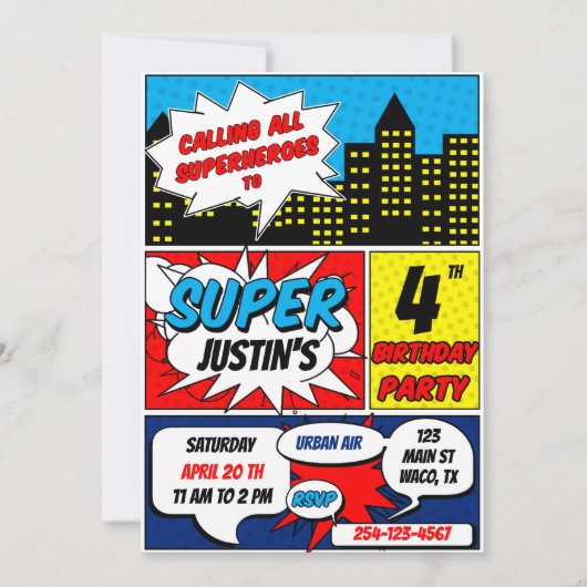 スーパーヒーロー誕生日パーティーの招待 招待状 (正面)