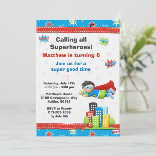 スーパーヒーロー誕生日パーティーの招待 招待状 (スタンド正面)