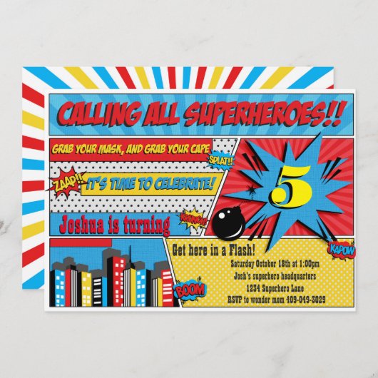 スーパーヒーロー誕生日パーティーの招待 招待状 (正面/裏面)