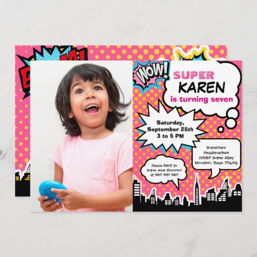 スーパーヒーロー誕生日パーティーの招待 招待状 (正面/裏面)