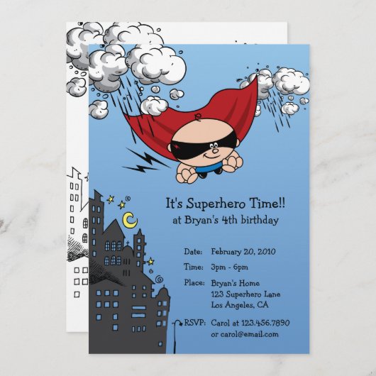 スーパーヒーロー誕生日パーティー招待カード 招待状 (正面/裏面)
