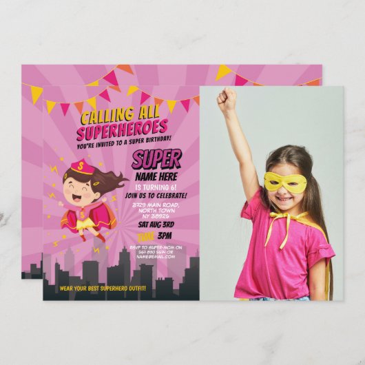 スーパーヒーロー誕生日ピンクガールズすごい写真 招待状 (正面/裏面)
