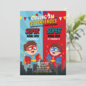スーパーヒーロー誕生日ブラザーズブルーレッドジョイントボーイ 招待状 (スタンド正面)