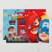 スーパーヒーロー誕生日ブラザーズブルーレッドフォトボーイ 招待状 (正面/裏面)