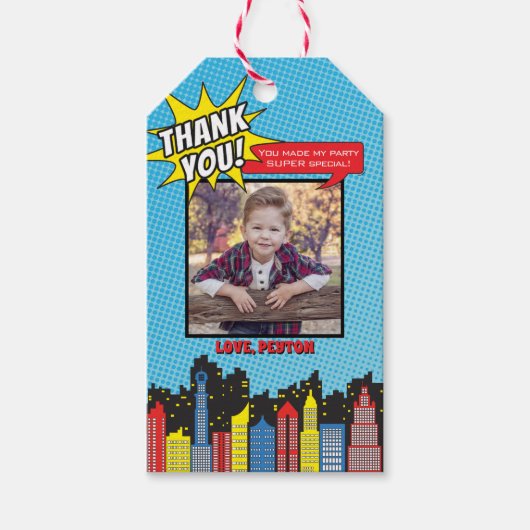 スーパーヒーロー誕生日写真サンキューメッセージカード ギフトタグ (正面)
