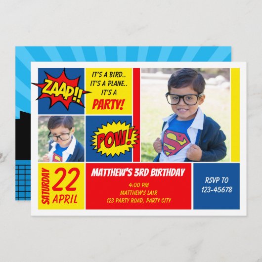 スーパーヒーロー誕生日招待状と写真 招待状 (正面/裏面)