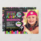 スーパーヒーロー誕生日招待状ピンクスーパーヒーローパーティー 招待状 (正面/裏面)