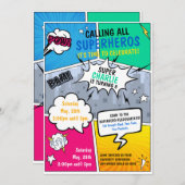 スーパーヒーロー誕生日招待状漫画スタイル 招待状 (正面/裏面)