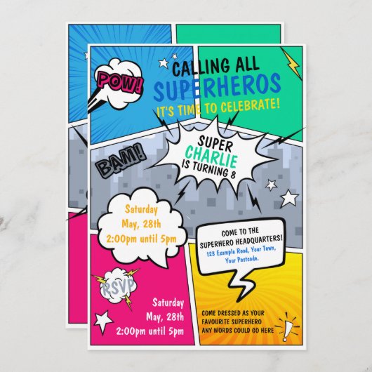 スーパーヒーロー誕生日招待状漫画スタイル 招待状 (正面/裏面)