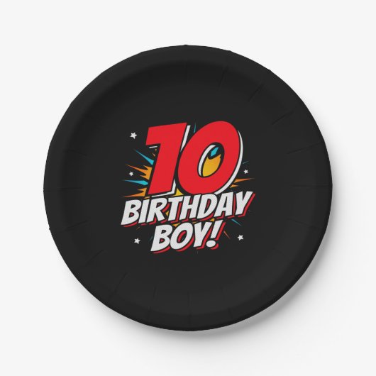 スーパーヒーロー誕生日- 10歳 – 10誕生日 ペーパープレート (正面)
