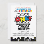 スーパーヒーロー1歳の誕生日ツインズ 招待状 (正面)