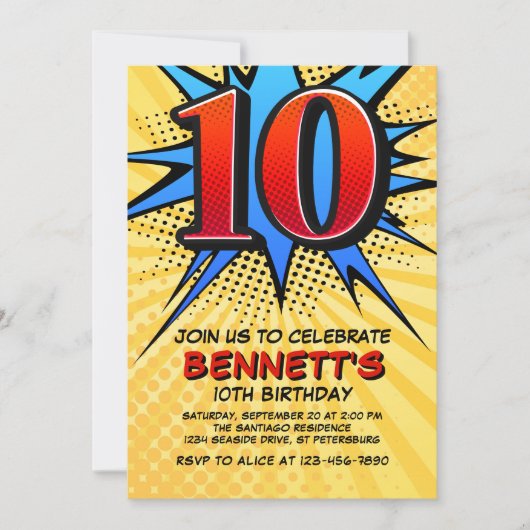 スーパーヒーロー10番目の誕生日招待状 招待状 (正面)
