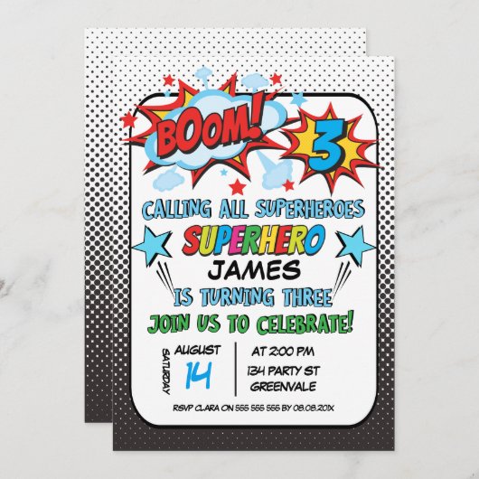 スーパーヒーロー3歳の誕生日パーティの招待状 招待状 (正面/裏面)