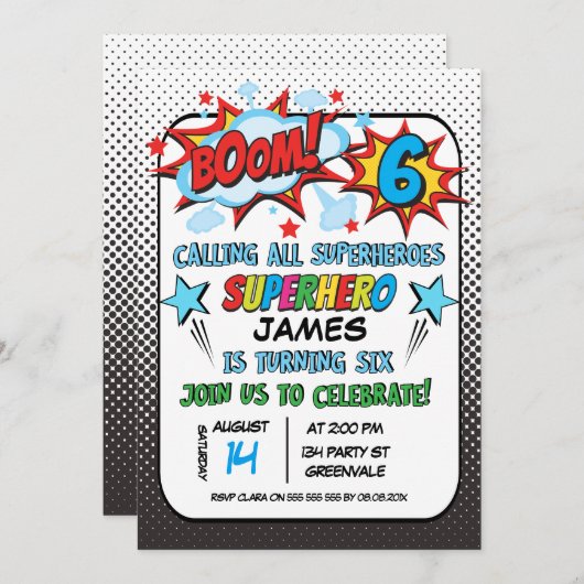スーパーヒーロー6thバースデーパーティーの招待状 招待状 (正面/裏面)