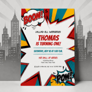 スーパーヒーロー・コミックブックの誕生日招待状 BOOM POW 招待状
