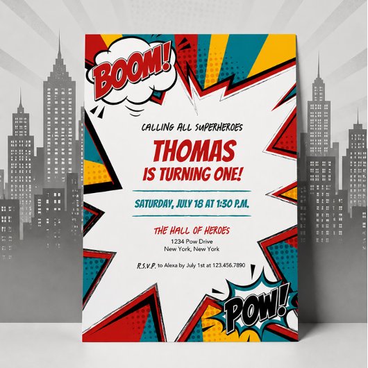 スーパーヒーロー・コミックブックの誕生日招待状 BOOM POW 招待状