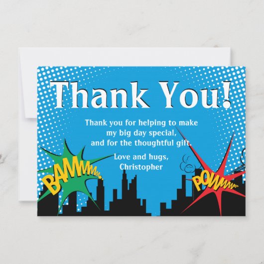 スーパーヒーロー コミックボーイの誕生日パーティー 感謝の意 サンキューカード (正面)