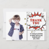 スーパーヒーロー コミック スピーチ クラウド ボーイ フォト 誕生日 サンキューカード (正面)