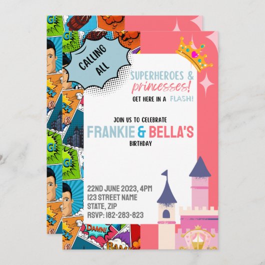 スーパーヒーロー&プリンセスカスタム誕生日招待状 招待状 (正面/裏面)