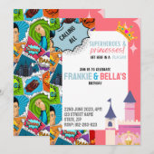 スーパーヒーロー & プリンセス カスタム バースデー インビテーション (正面/裏面)