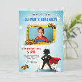 スーパーヒーロー・マンガ少年 写真 誕生日パーティー 招待状 (スタンド正面)