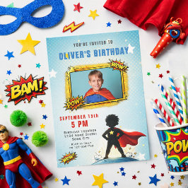 スーパーヒーロー・マンガ少年 写真 誕生日パーティー 招待状