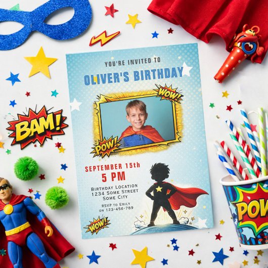 スーパーヒーロー・マンガ少年 写真 誕生日パーティー 招待状