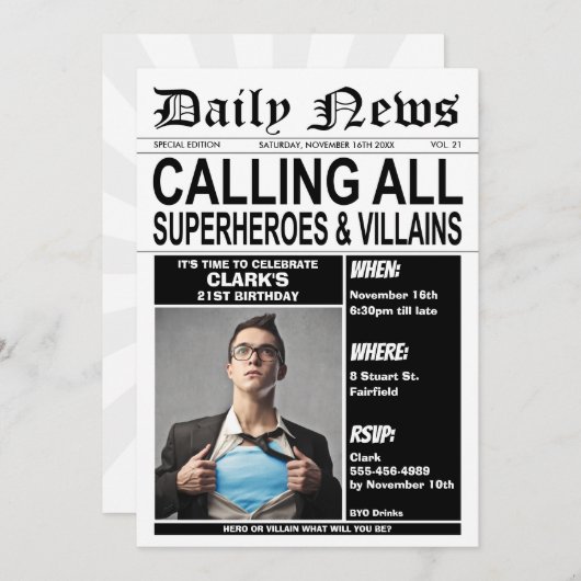 スーパーヒーロー/ヴィランズ·バースデー·パーティー·スーパーヒーロー 招待状 (正面/裏面)