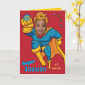 スーパーヒーロ飛んでいるフォト専門誕生日 カード (黄色い花)