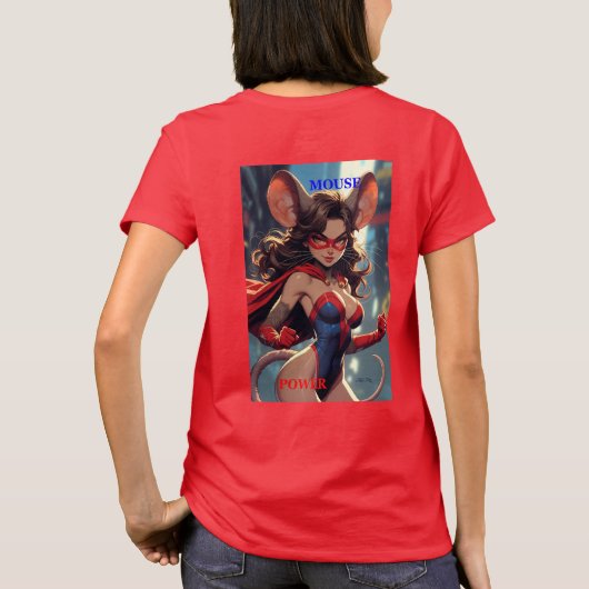 スーパーマウスウーマンマウスの力強い女性の赤いTシャツ bk Tシャツ (裏面)
