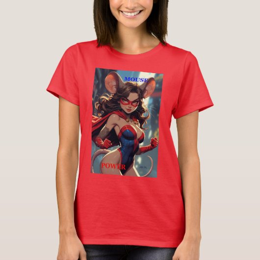 スーパーマウスウーマンマウスの力強い女性の赤いTシャツ Tシャツ (正面)