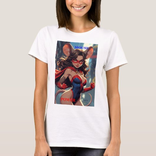 スーパーマウスウーマン マウス パワー 女性 白 Tシャツ (正面)