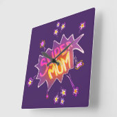 スーパーママ ピンク ネオン フラワー コミック バブル スクエア壁時計 (傾斜)