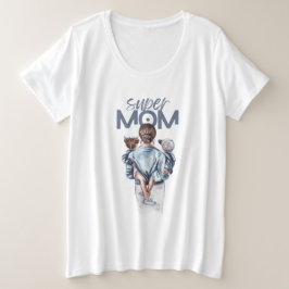 スーパーママ 青 水彩 母と子供のアート プラスサイズTシャツ