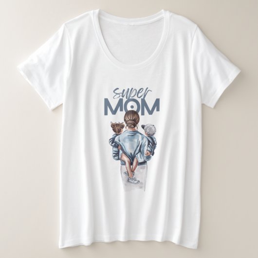 スーパーママ 青 水彩 母と子供のアート プラスサイズTシャツ (デザイン正面)