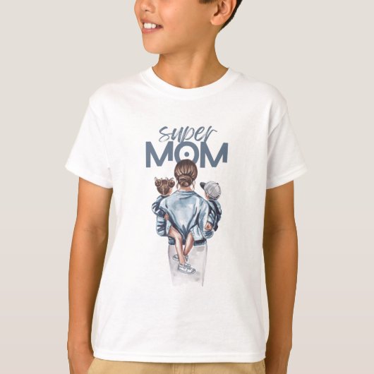 スーパーママ 青 水彩 母と子供のアート Tシャツ (正面)