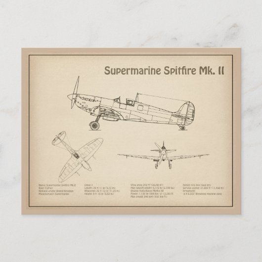 スーパーマリンスピットファイア – 飛行機の設計図SD ポストカード (正面)